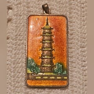 Vintage Pagoda Asia Buddhist Tower Brass Enamel Handpainted 2" Charm Pendant